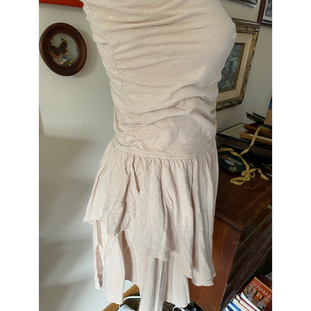 Aerie Strapless Ruffle Asymmetrical Tan Mini Dress Small Fairy Boho Cowgirl Fest - Picture 2 of 6